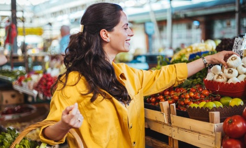 a person in a yellow coat at a market